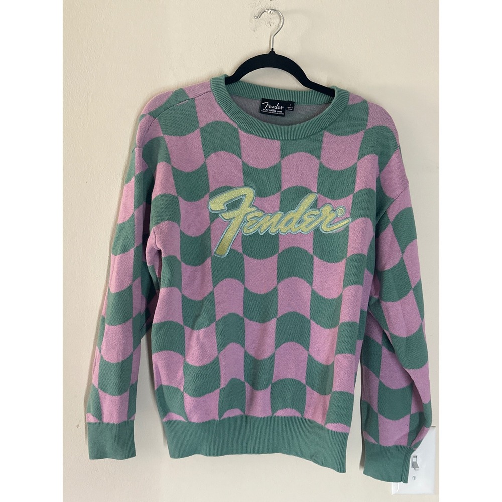 Fender Womens Large Wavy Checkered Knit Sweater Green Pink Embroidered Logo